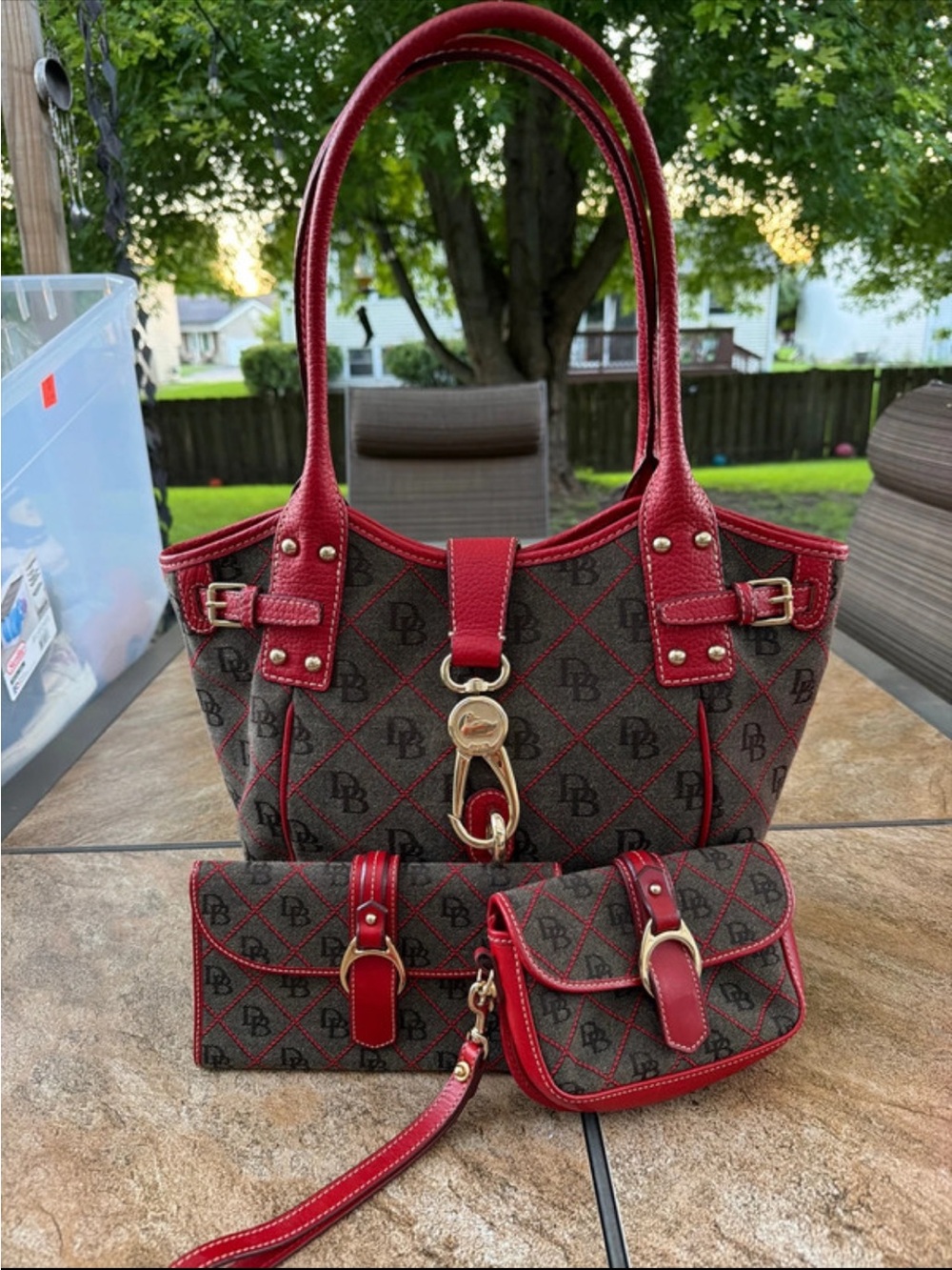 Dooney & Bourke Brown Logo Tote with Red Trim, Wallet & Wristlet